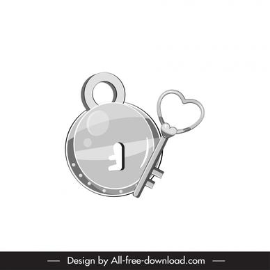 key lock love icons flat bw classical outline