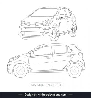 kia morning 2021 car lineart template black white handdrawn different view outline 