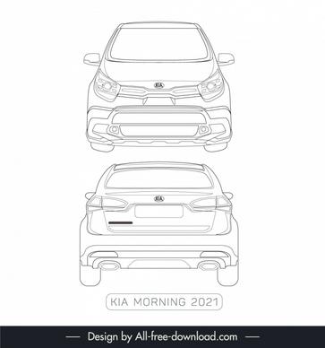 kia morning 2021 car lineart template black white handdrawn front view back view outline 
