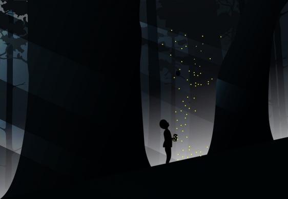 kid catching firefly in forest background silhouette style