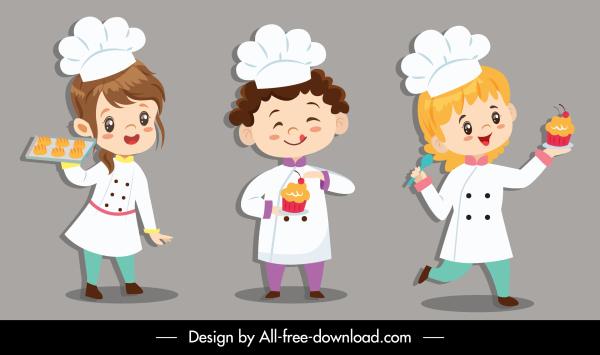 kid cook icons cute cartoon characters sketch