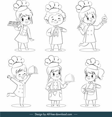 kid cooks icons cute cartoon characters handdrawn sketch