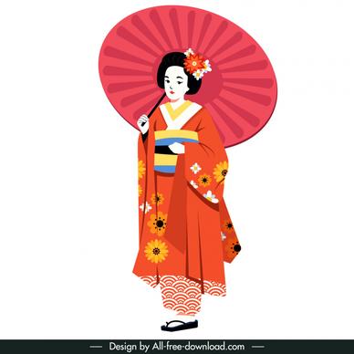 kimono japan girl icon traditional costume umbrella sketch cartoon character