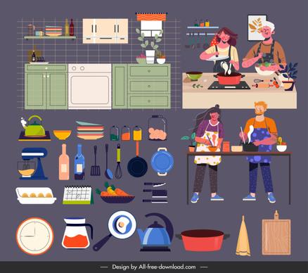 kitchen icons colorful objects cooks sketch