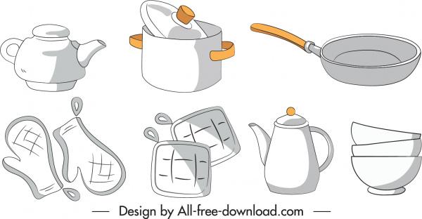 kitchen objects icons classic handdrawn sketch