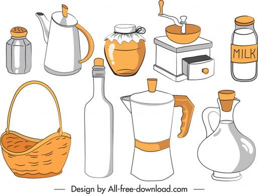 kitchen objects icons classical handdrawn outline