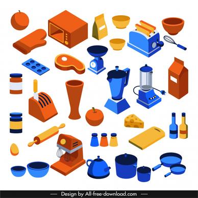 kitchen objects icons colored classic 3d sketch