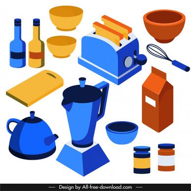 kitchen objects icons colored classic tools sketch