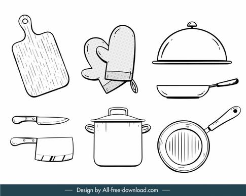kitchen utensils icons black white handdrawn flat sketch