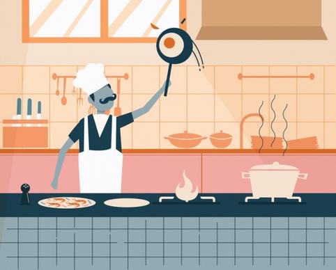 kitchen work background cook utensil icons cartoon sketch