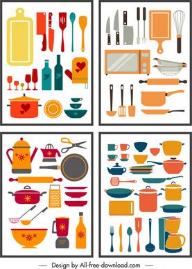 kitchenware utensils background templates colorful flat objects sketch