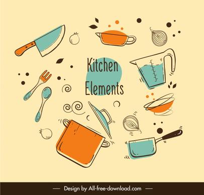 kitchenwares icons colored flat handdrawn dynamic sketch