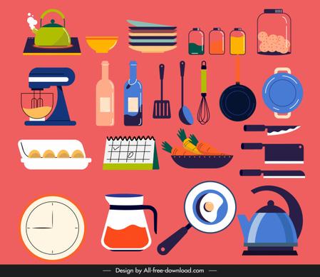 kitchenwares icons colorful classical sketch