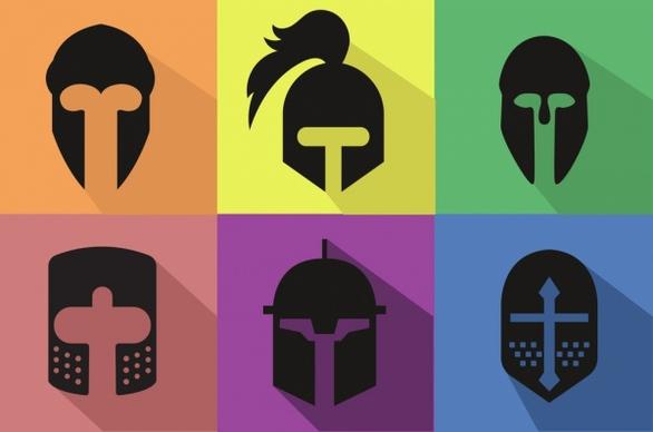 knight helmets icons flat black design