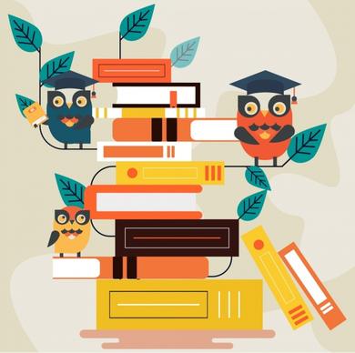 knowledge background stylized owls books stack icons