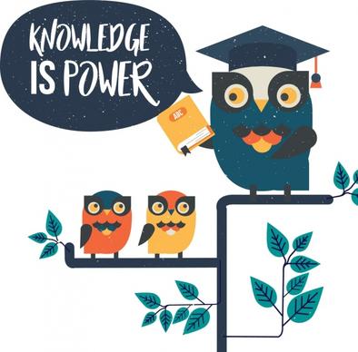 knowledge banner stylized cartoon owl icon retro design