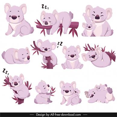koala species icons cute gestures sketch cartoon characters