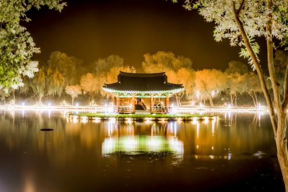 korea scenery picture elegant classical temple light reflection 