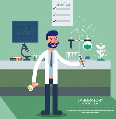 laboratory advertising male scientist tools icons cartoon design