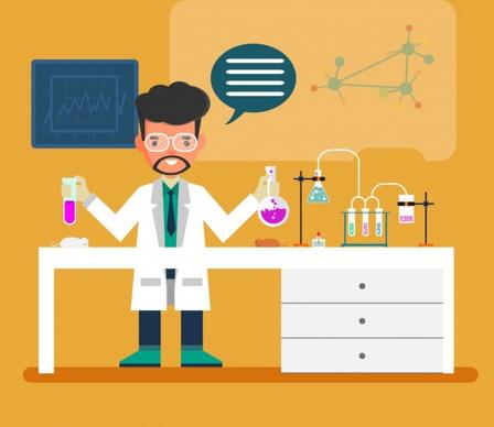 laboratory work background male scientist tool icons decor