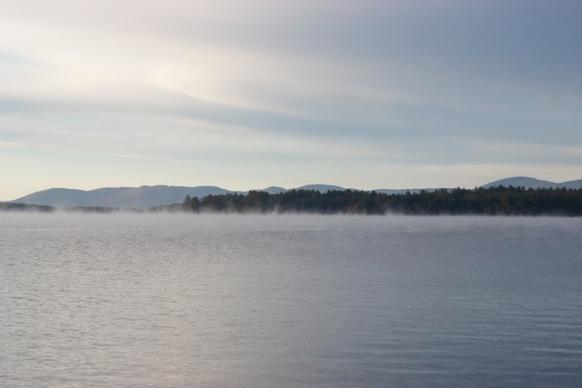 lake fog trees clouds