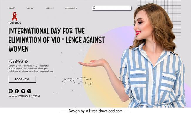 landing page international day for the elimination of violence against women template elegant smiling lady sketch modern realistic design 