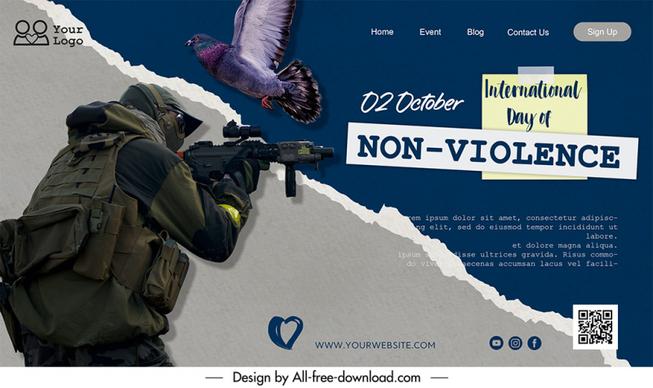 landing page international day of non violence template soldier dove sketch modern dynamic design 