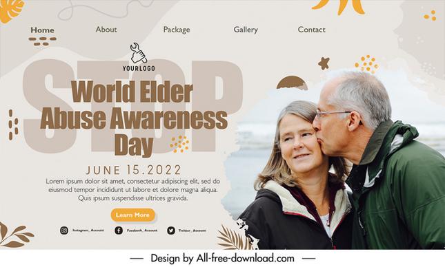 landing page protect the elderly world elder abuse awareness day template happy old couple kissing sketch leaves decor