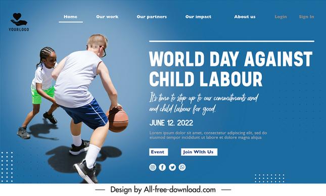 landing page world day against child labour template dynamic boys playing basket ball sketch modern realistic design 