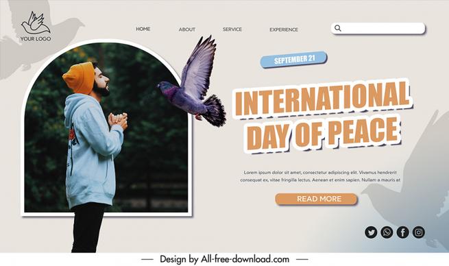 landing page world day of peace template flying dove man sketch modern realistic design 