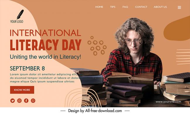 landing page world literacy day template woman books stack sketch modern realistic design 