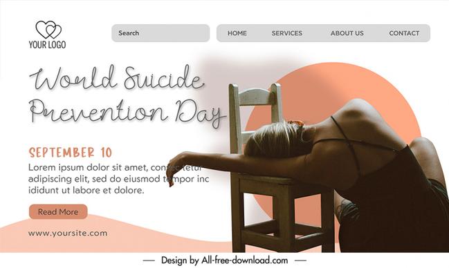 landing page world suicide prevention day template upset lady sketch modern realistic contrast design 