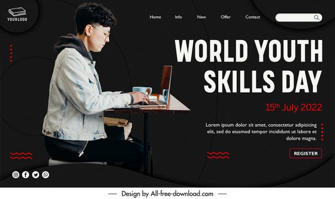 landing page world youth skills day template man working with laptop realistic design 