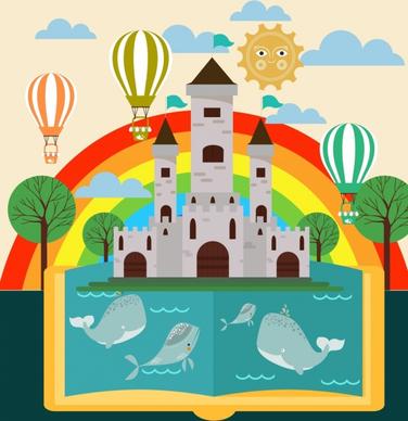 landscape book background colorful rainbow castle whale icons