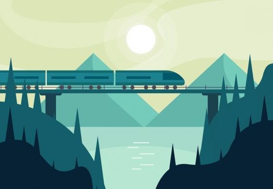 landscape painting bridge express train icons classical design