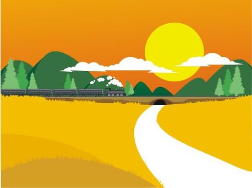 countryside railway landscape theme colorful drawing
