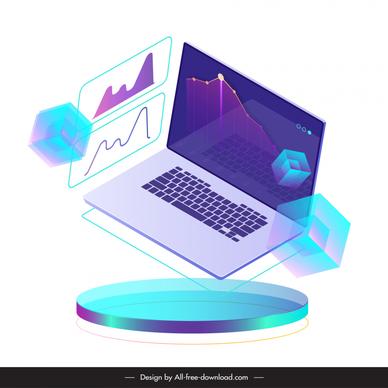 laptop chart cubes financial design elements dynamic 3d sketch