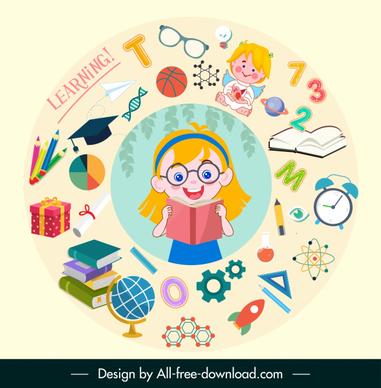 learning background cute girl education elements circle layout