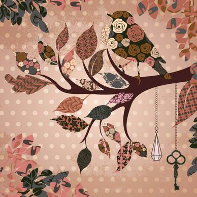 leaves and birds vector background set