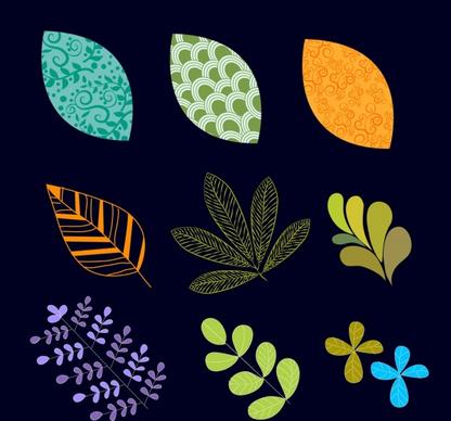 leaves and flowers icons collection various colored shapes
