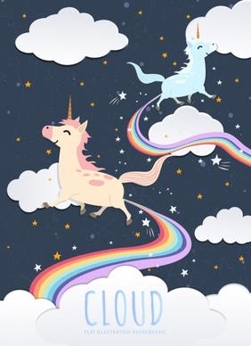 legendary unicorn drawing colorful rainbow white clouds decor