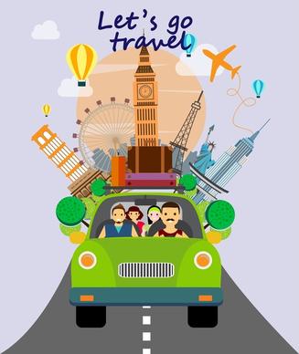 lets go travel banner with famous symbols background