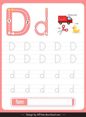 letter d lowercase practice worksheet template flat texts symbols sketch