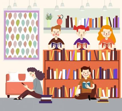 library drawing readers bookshelf icons colored cartoon