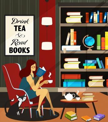 library drawing reading woman cat bookshelf icons