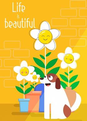 life banner stylized flowers dog icons cute design