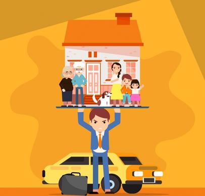life burden background man lifting house family icons