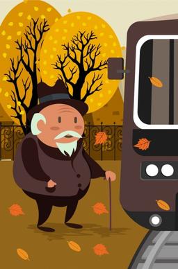 life drawing old man falling leaves bus icons
