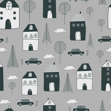 life pattern classical handdrawn design house car icons