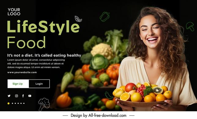 life style food healthy banner template dynamic laughing woman